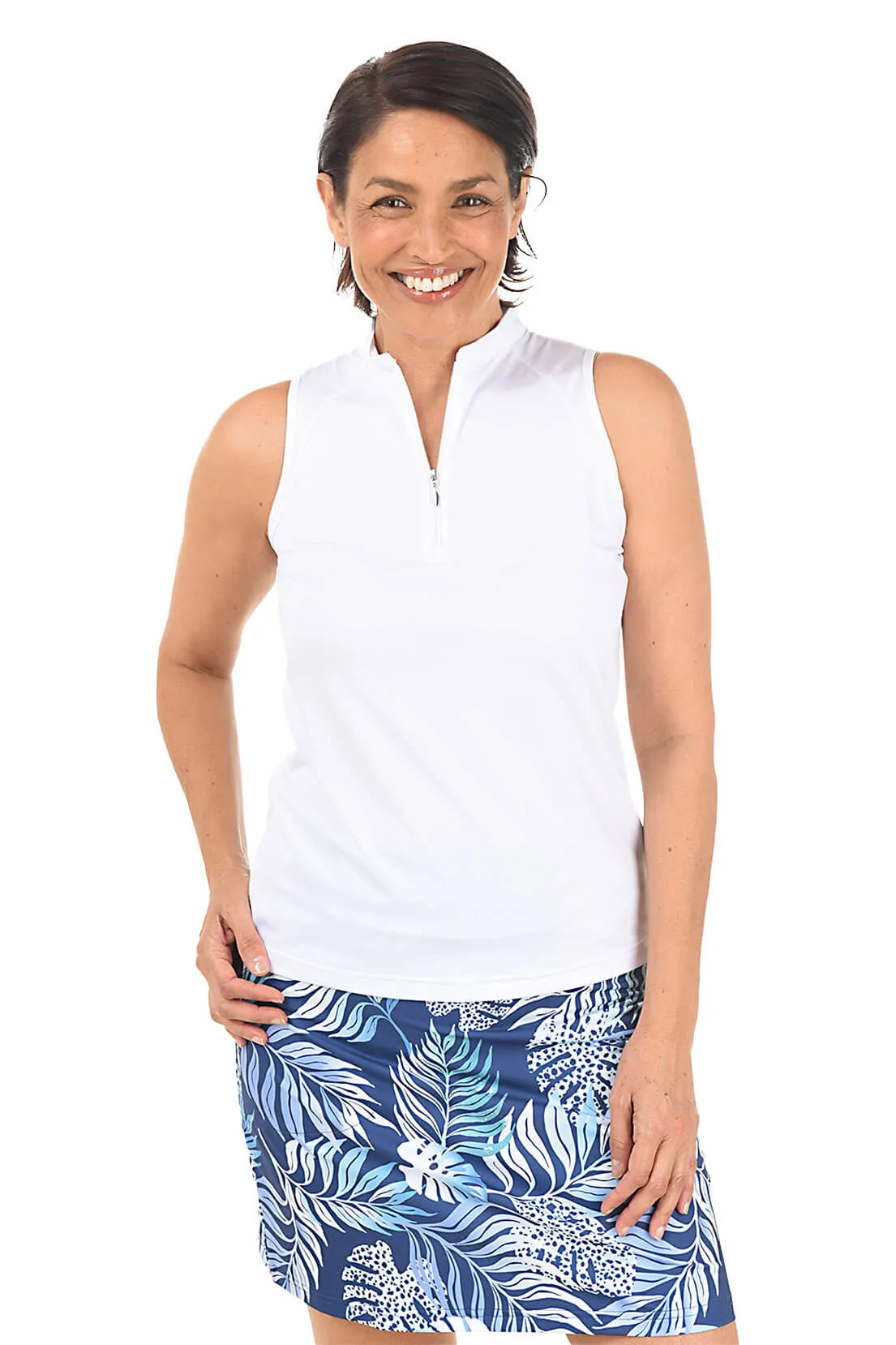 Katie Solid Sleeveless Zip Neck Top