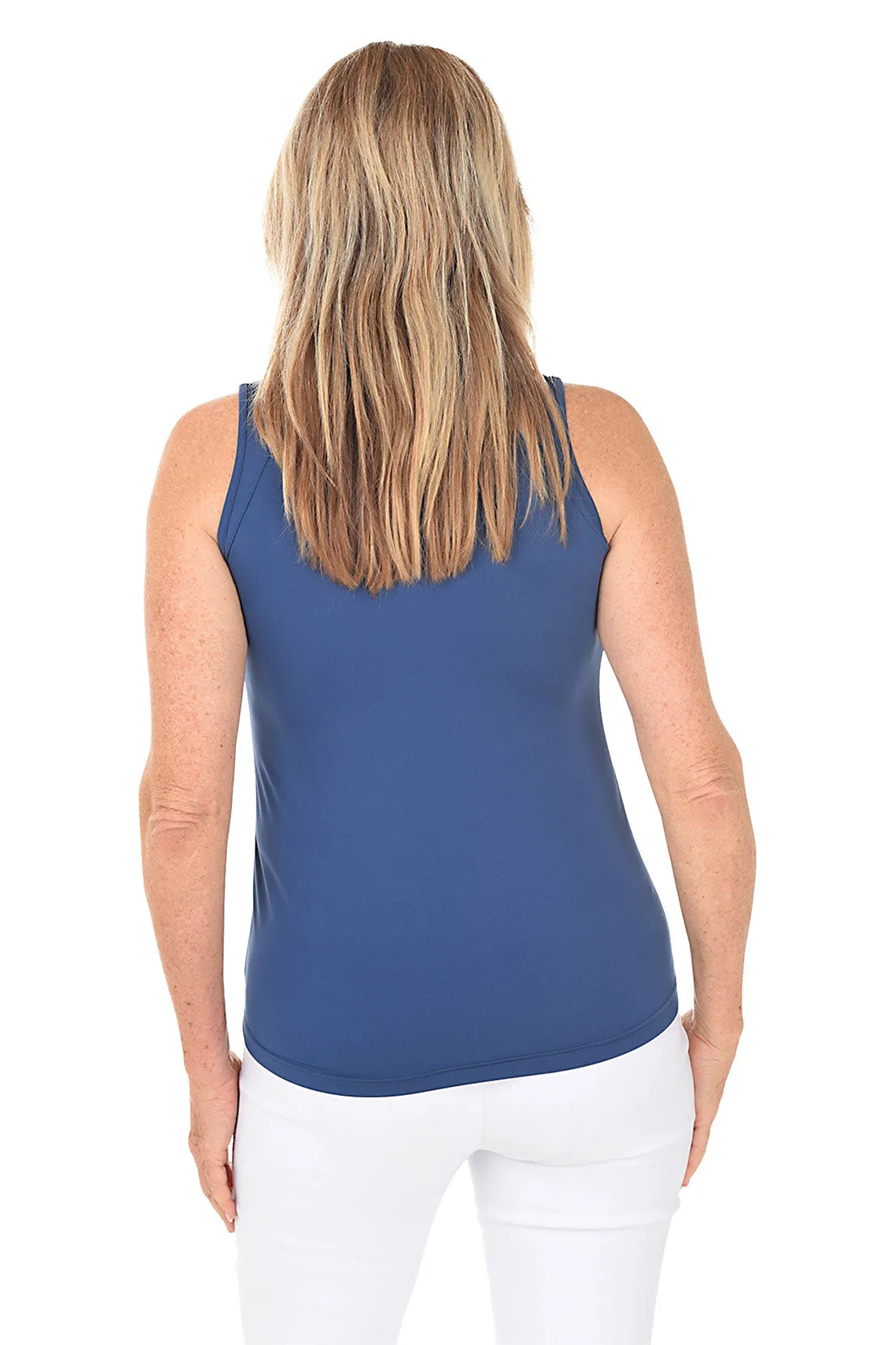 Katie Solid Sleeveless Zip Neck Top