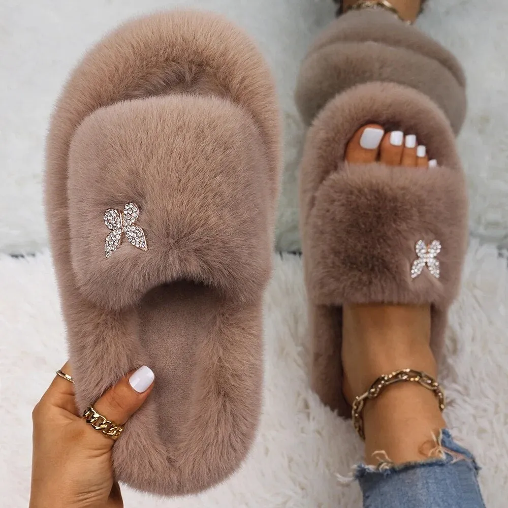 Plush Fur Slippers with a Butterfly for Women