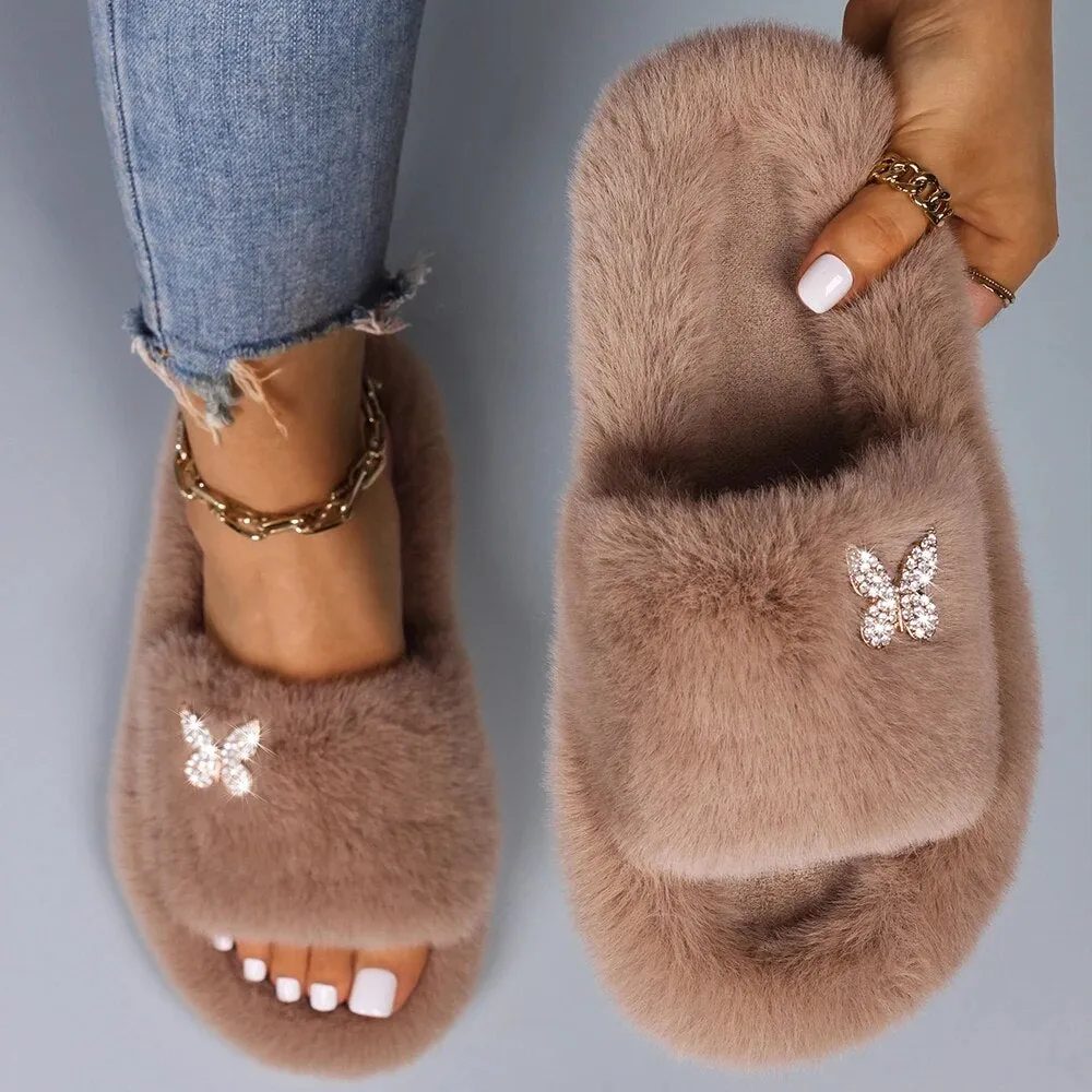 Plush Fur Slippers with a Butterfly for Women