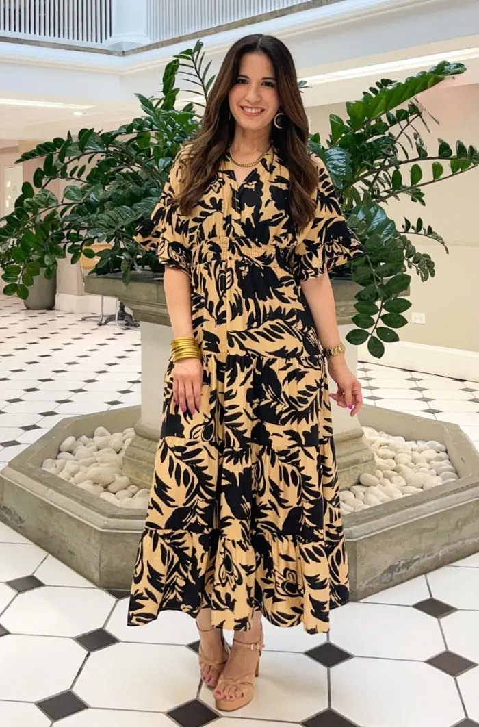 Printed V Neck Woven Midi Dress - NEW!