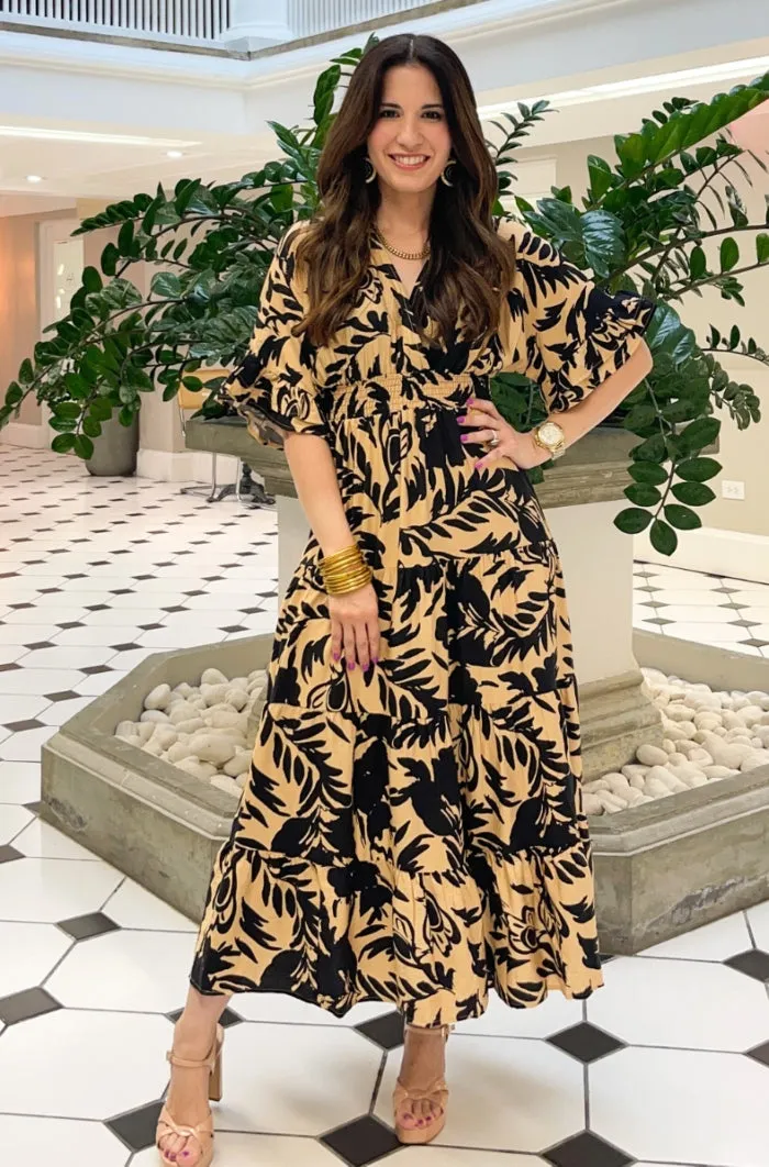 Printed V Neck Woven Midi Dress - NEW!