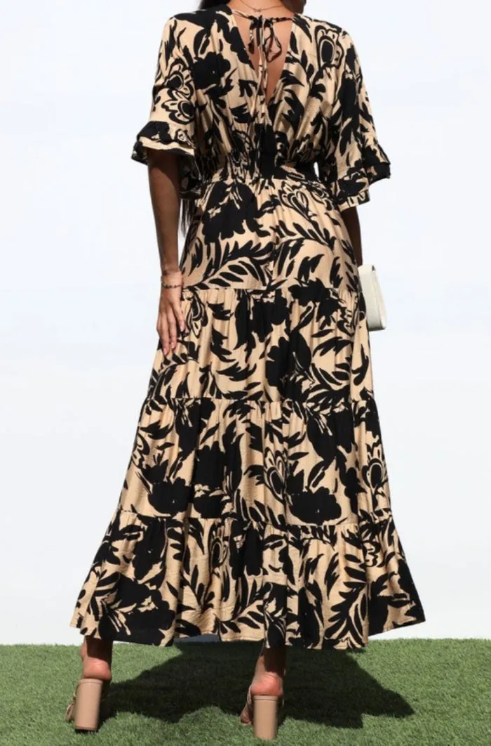 Printed V Neck Woven Midi Dress - NEW!