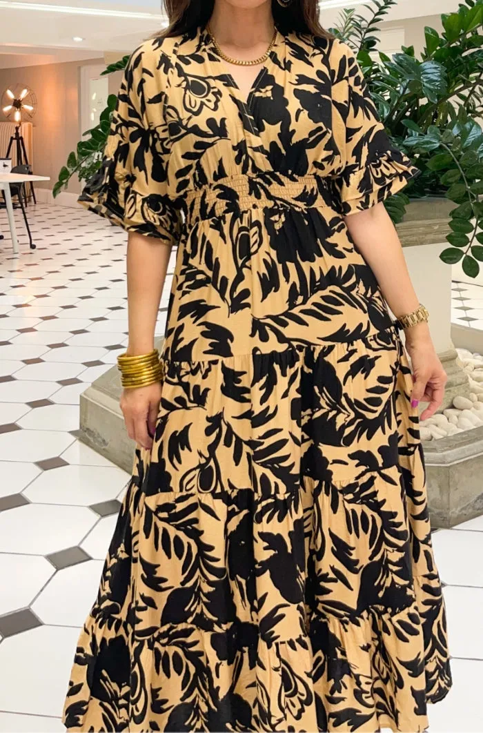 Printed V Neck Woven Midi Dress - NEW!