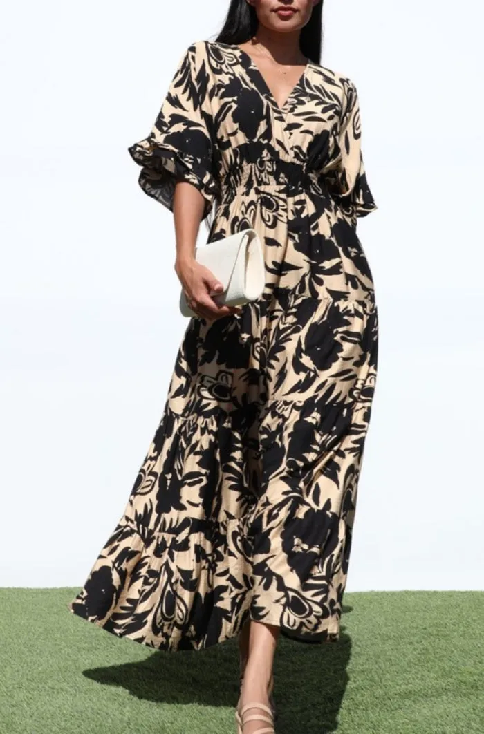 Printed V Neck Woven Midi Dress - NEW!