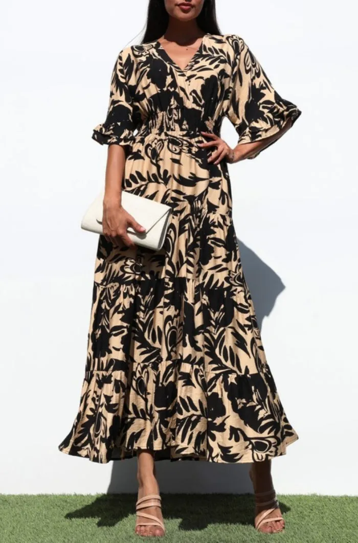Printed V Neck Woven Midi Dress - NEW!