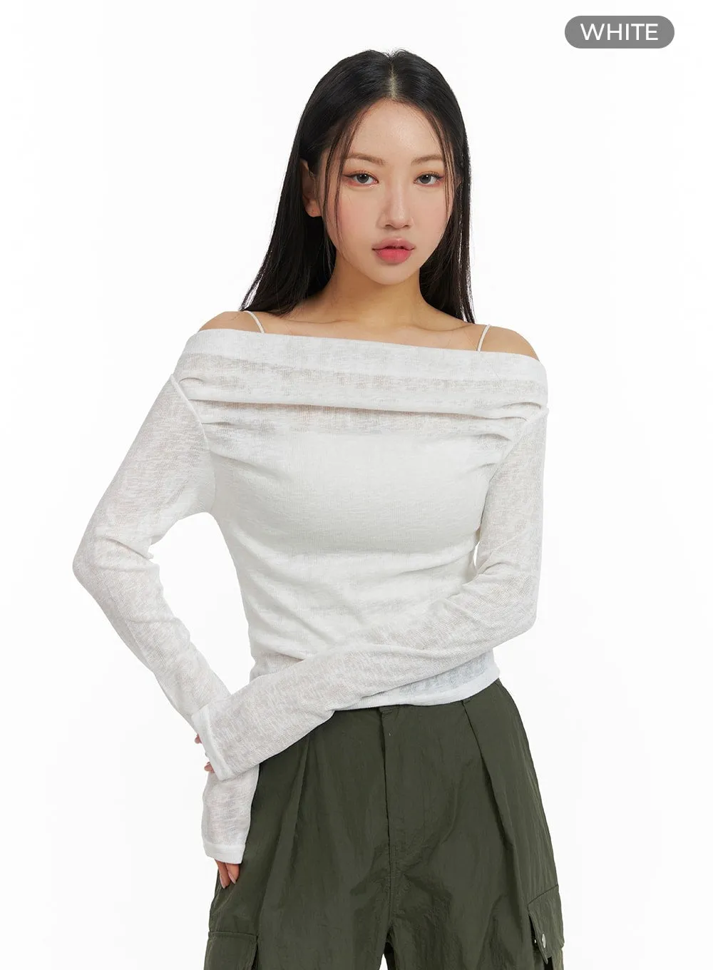 Semi-Ruched Solid Off-Shoulder Long Sleeve CM411